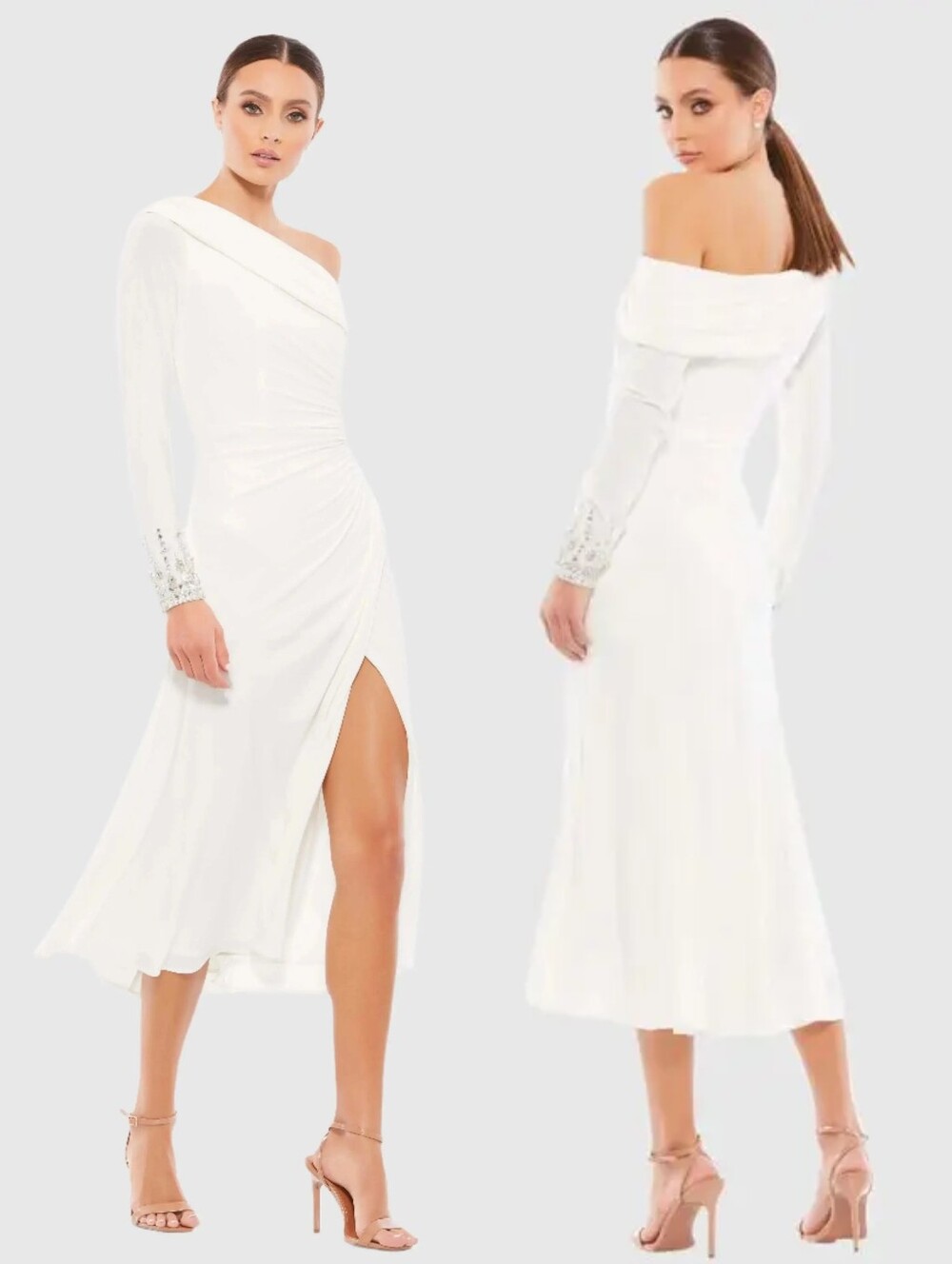 NWT Ieena Mac Duggal White Foldover Long Sleeve Jeweled Midi Dress 26485